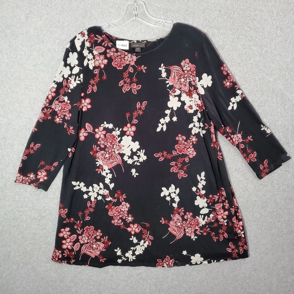 J Jill Women Top Medium Petite Black Floral Blouse Wearever Collection Pleated